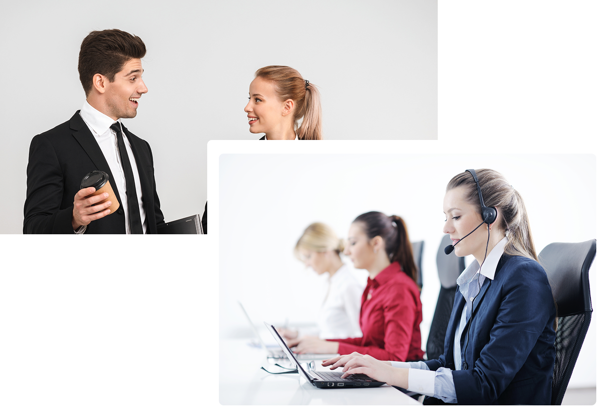 Man and woman talking in business attire